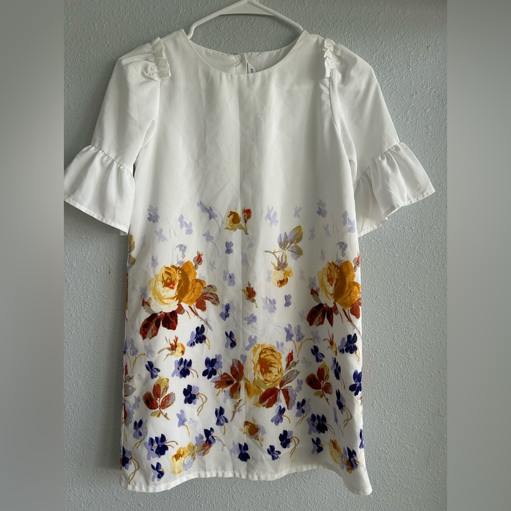 Janie And Jack Floral White Dress with Ruffled Sleeves